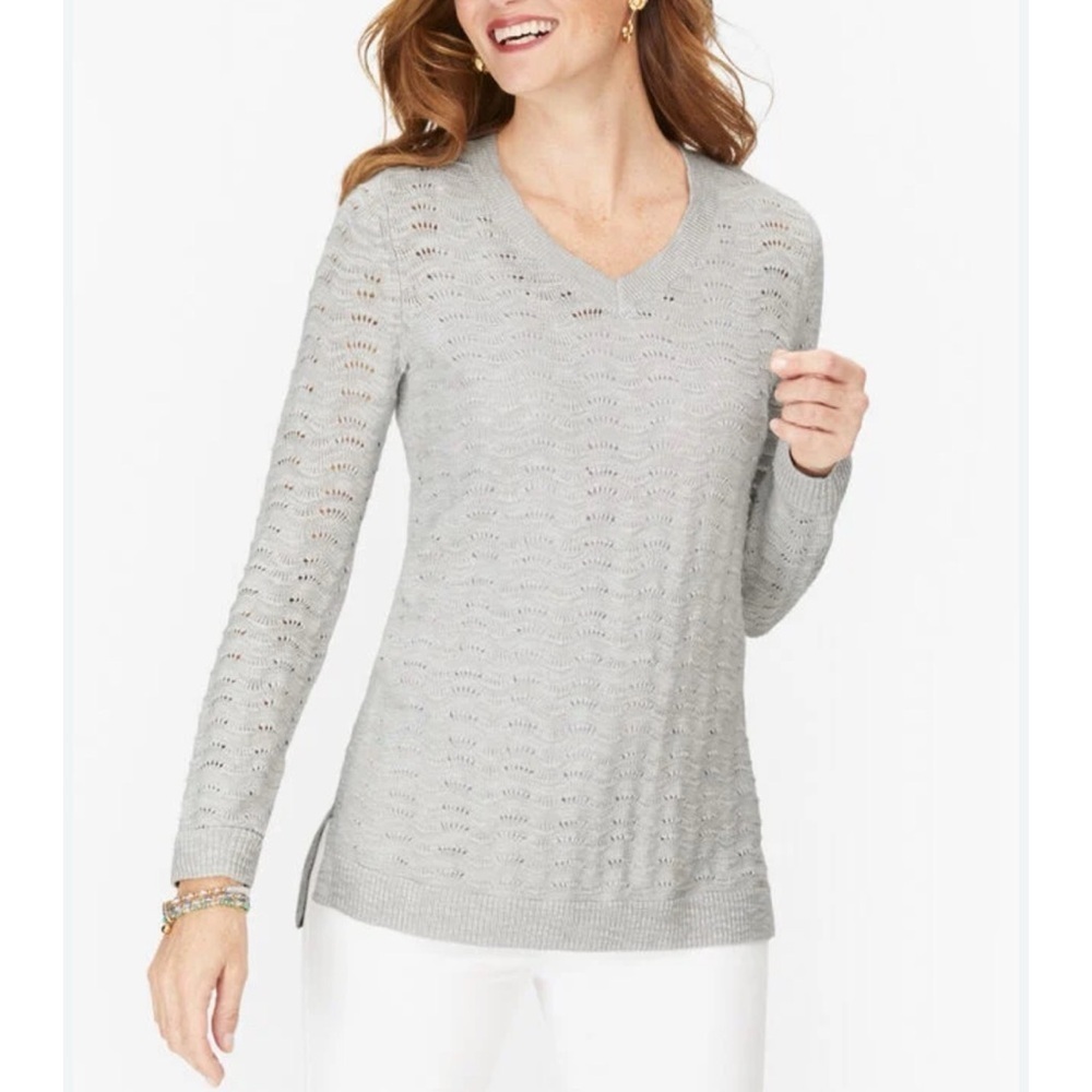 Talbots Open Knit Slub Knit V Neck Sweater Gray Textured High Lo Women’s 1Xp